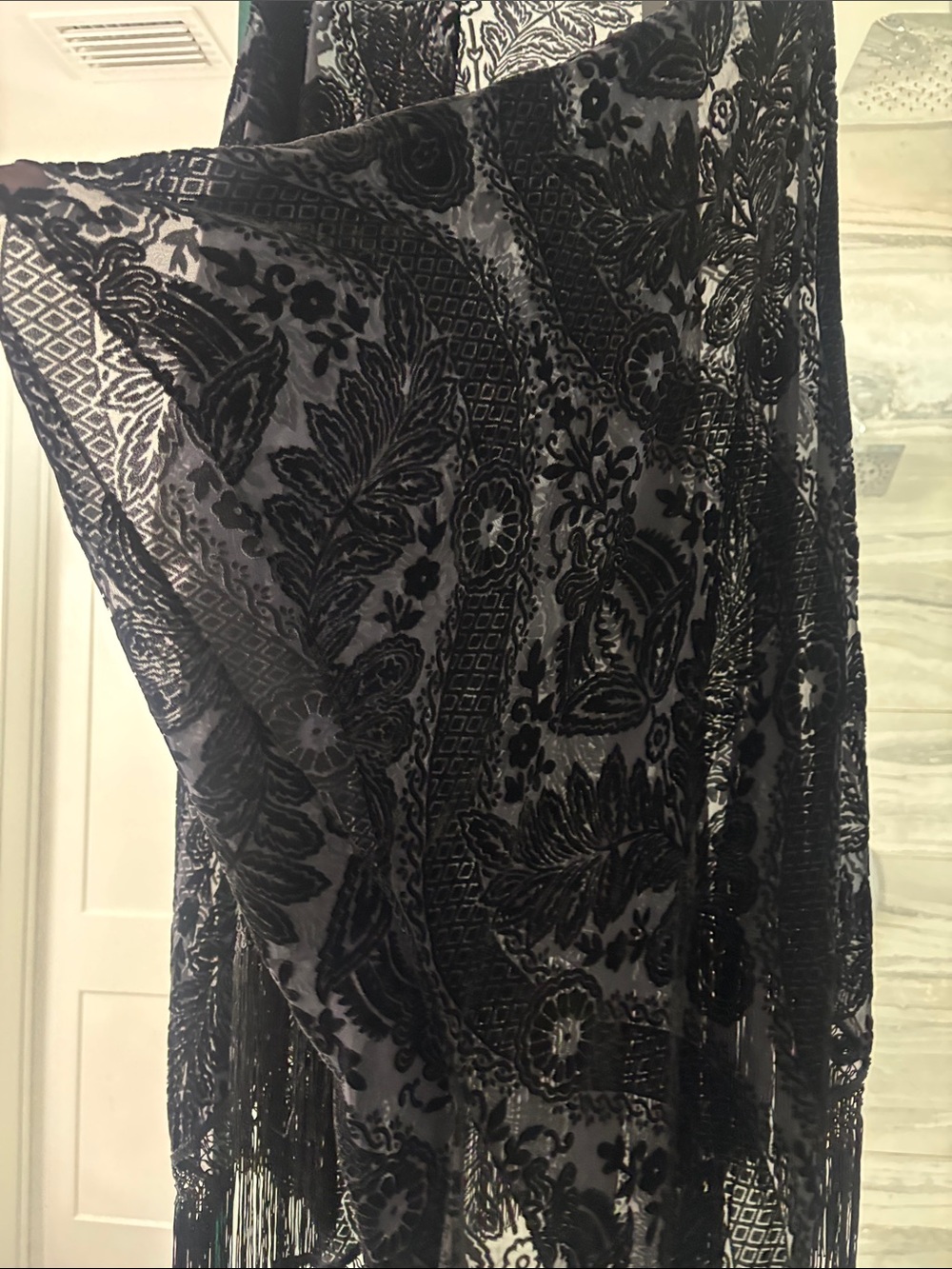 Black Velvet Burnout Fringed Kimono - Picture 3 of 7